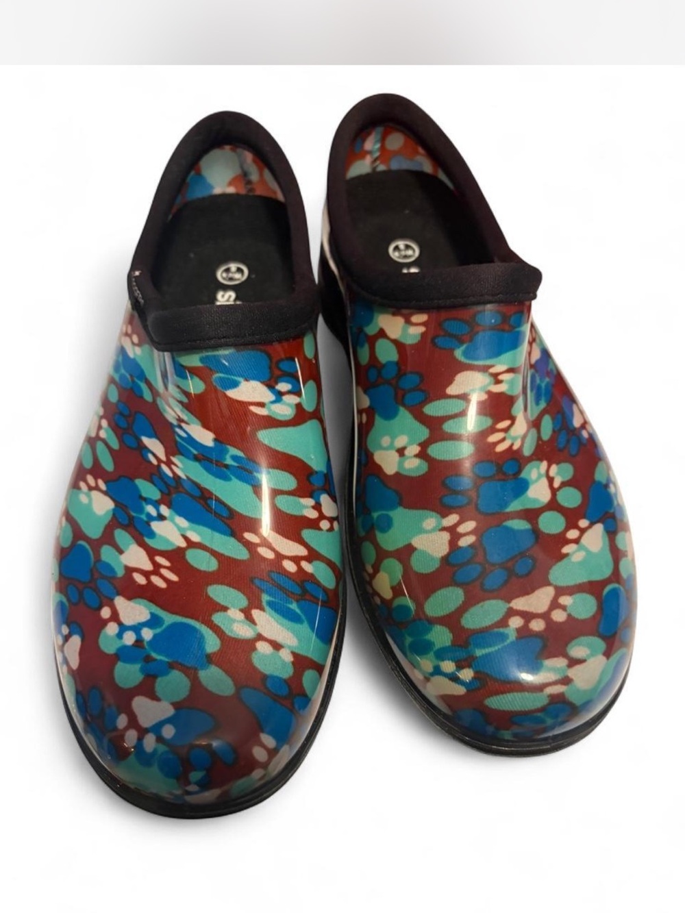 Sloggers women’s Slip-On Rain Clogs in Brown, Blue & Teal Pattern